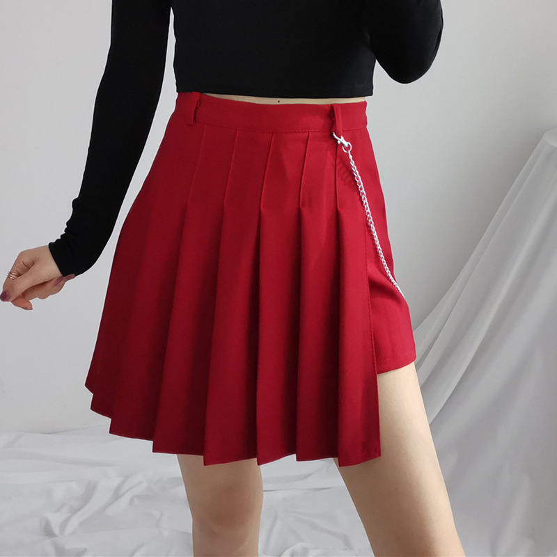 InsGoth High Waist Pleated Mini Skirts Women Harajuku Gothic Solid Sexy Skirts Skirts College Style Punk Chain Patchwork Skirt