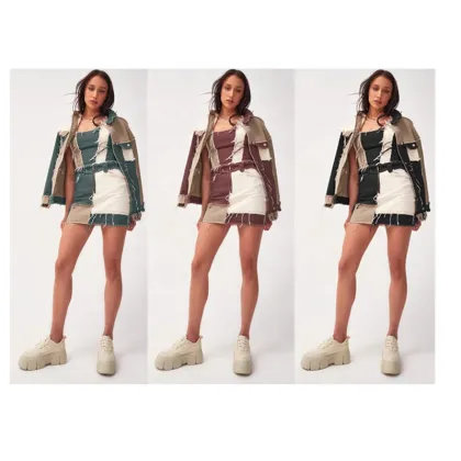 Double Color Raw Edges Patchwork Denim Short Skirt Wholesale