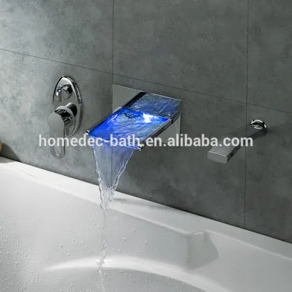2016 popular wall mounted double handle 3 hole led lighting bathtub faucet