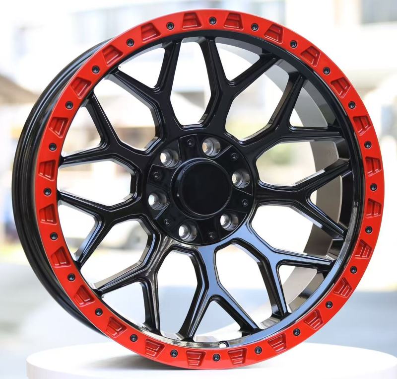 20-inch Gloss Black Full-Painted Wheels with Red Ring & 24 Matte Black Lug Nuts