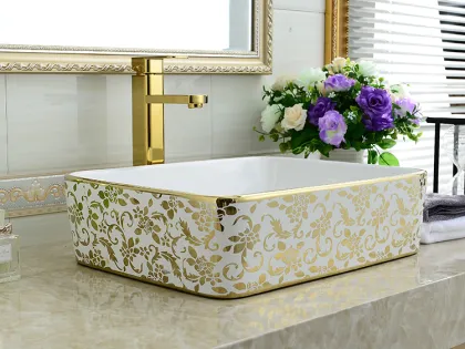 Elegance Flower Design Golden Ceramic Bathroom Sink Bowl