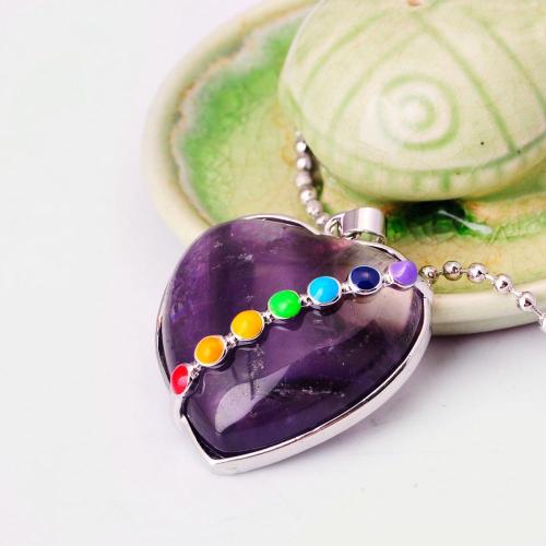 Seven Chakras Gemstone Amethyst Heart Pendant Necklace