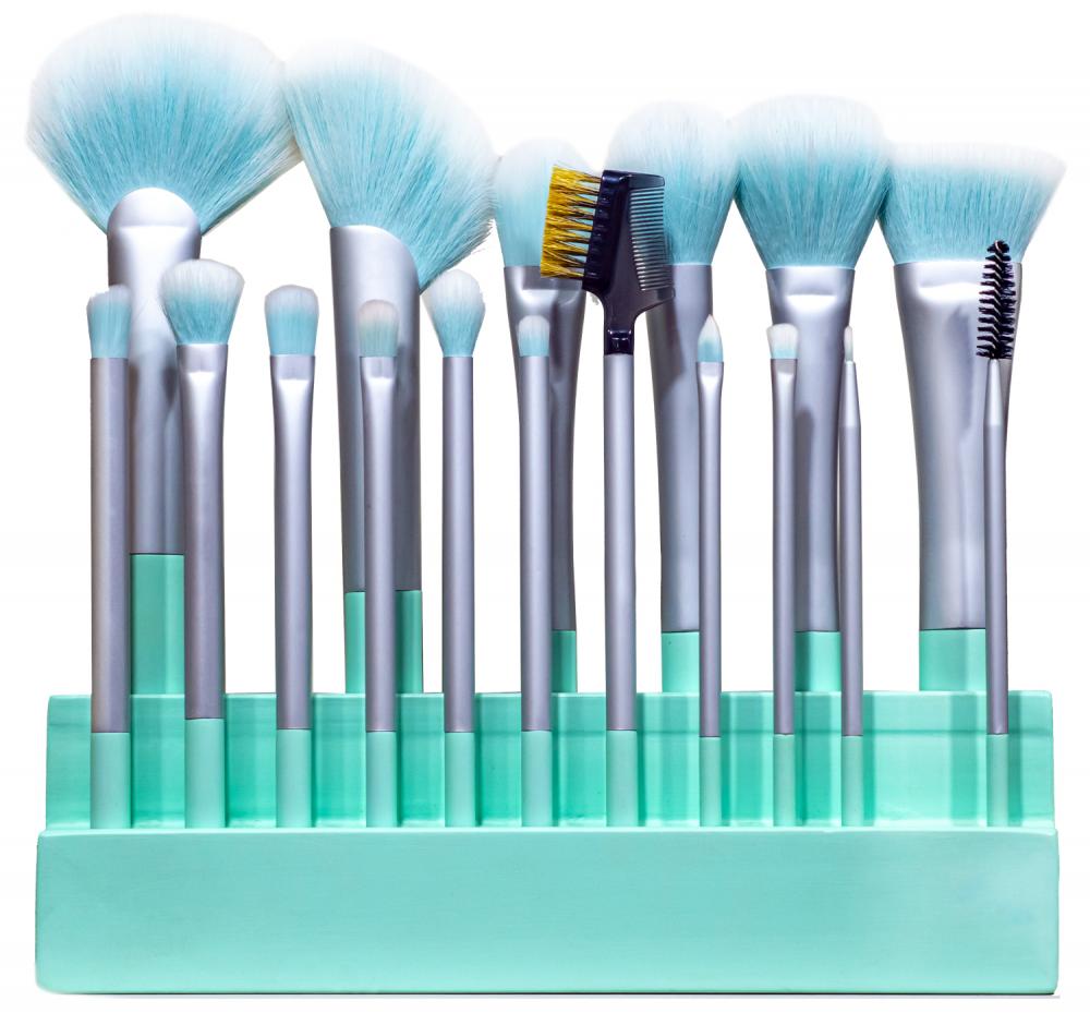 17 PCS Juego de cepillo de maquillaje verde aqua