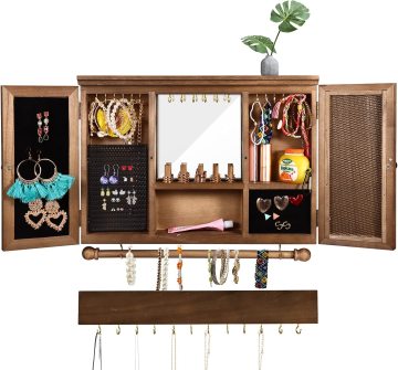 Wall-Mounted Jewelry and Makeup Organizer with Wooden Mirror