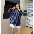 women's navy striped shirt shawl top