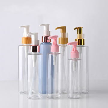 high quality 100ml 150ml 160ml 250ml 300m 500ml flat empty pet lotion shampoo bottles with gold lotion pump dispenser