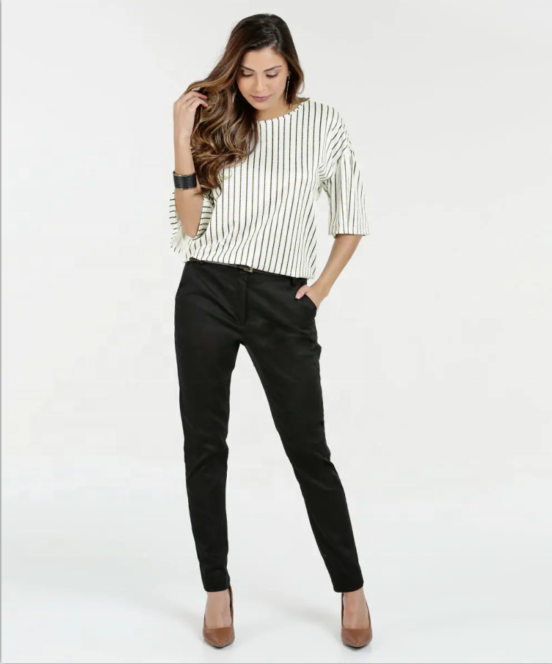 Women Black Strips O-Neck Half Sleeve Blouse