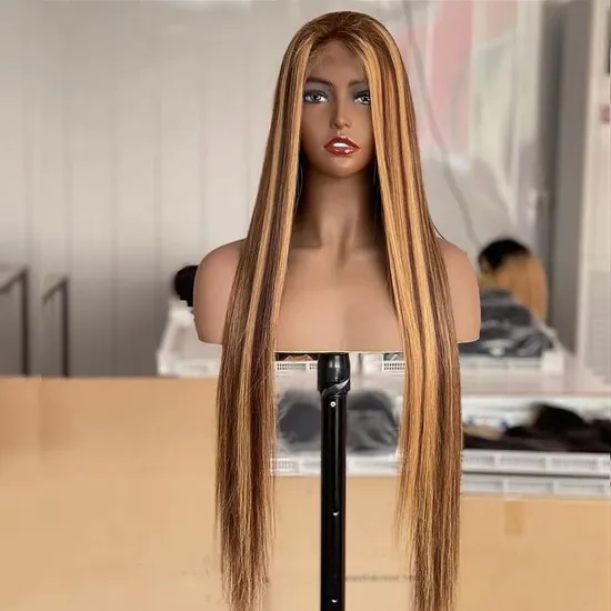 Brown Blonde Piano Color Human Hair Lace Front Wig Vendors, 220 Brazilian Hair Highlight Human Hair Transparent T Part Lace Wigs