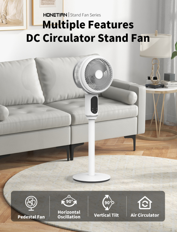HONETIAN smarter low noisy adjustable hot sellers 12 speeds 4 wind modes plastics 8 inches DC Circulator Stand Fan