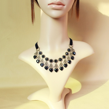 Luxury Black Crystal Necklace with Vintage Lace and Heart Design for Women