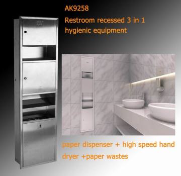 Restroom Combination of Hand Dryer, Paper Dispenser and Dustbin