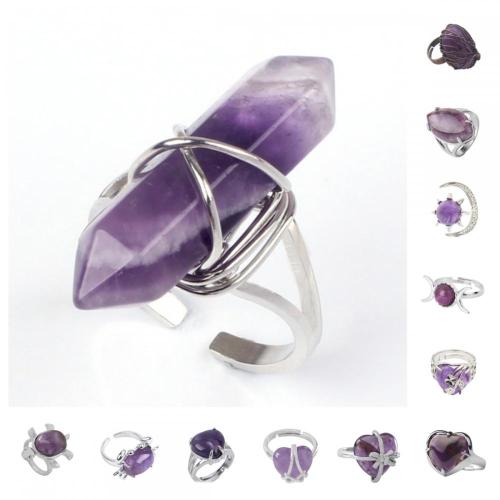 Natural Stone Amethyst Rings Owl Shape Amethyst Crystal Ring for Women Heart Rings for Girl Women Turquoise Adjustable ring