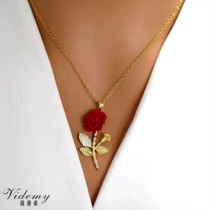 Burgundy Flocked Rose Diamond Leaf Pendant Necklace