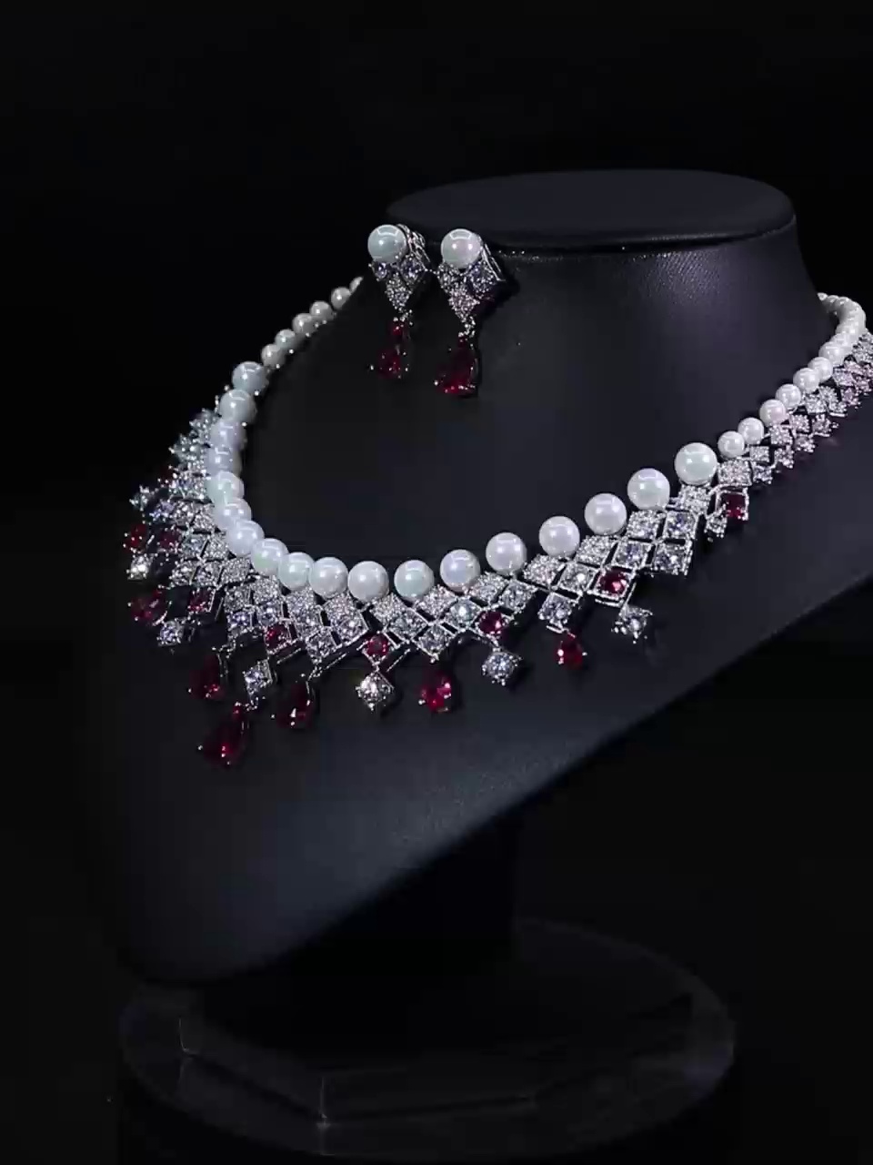 Pearl Teardrop Fringe Bridal CZ Jewelry Set