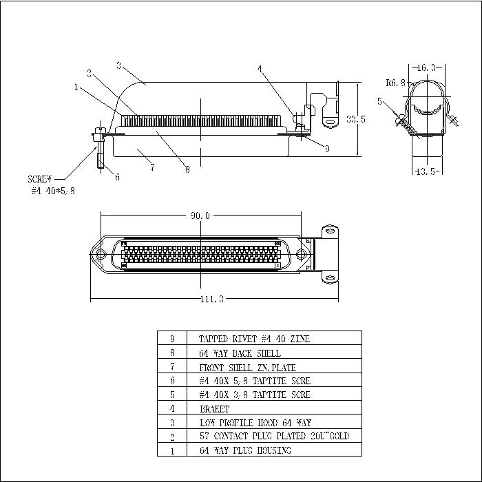 57CC-M64XX02 2.16mm CENTRONIC LOW PROFILE MALE SOLDER 64P & 70640 METAL SHELL