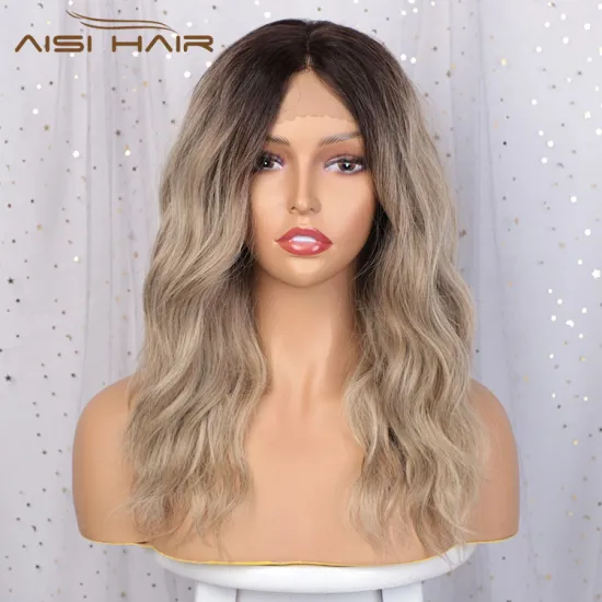 Aisi Hair Medium Long Wavy Ombre Brown Wig 18 Inch Water Wave Swiss Lace Wig Synthetic Front Lace Hair Wigs For Black Women