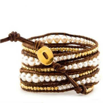 wholesale pearl with alloy beads leather wrap bracelet