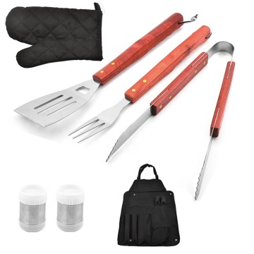 7-Piece Grilling Accessories: Wooden Handle Stainless Steel BBQ Tool Set