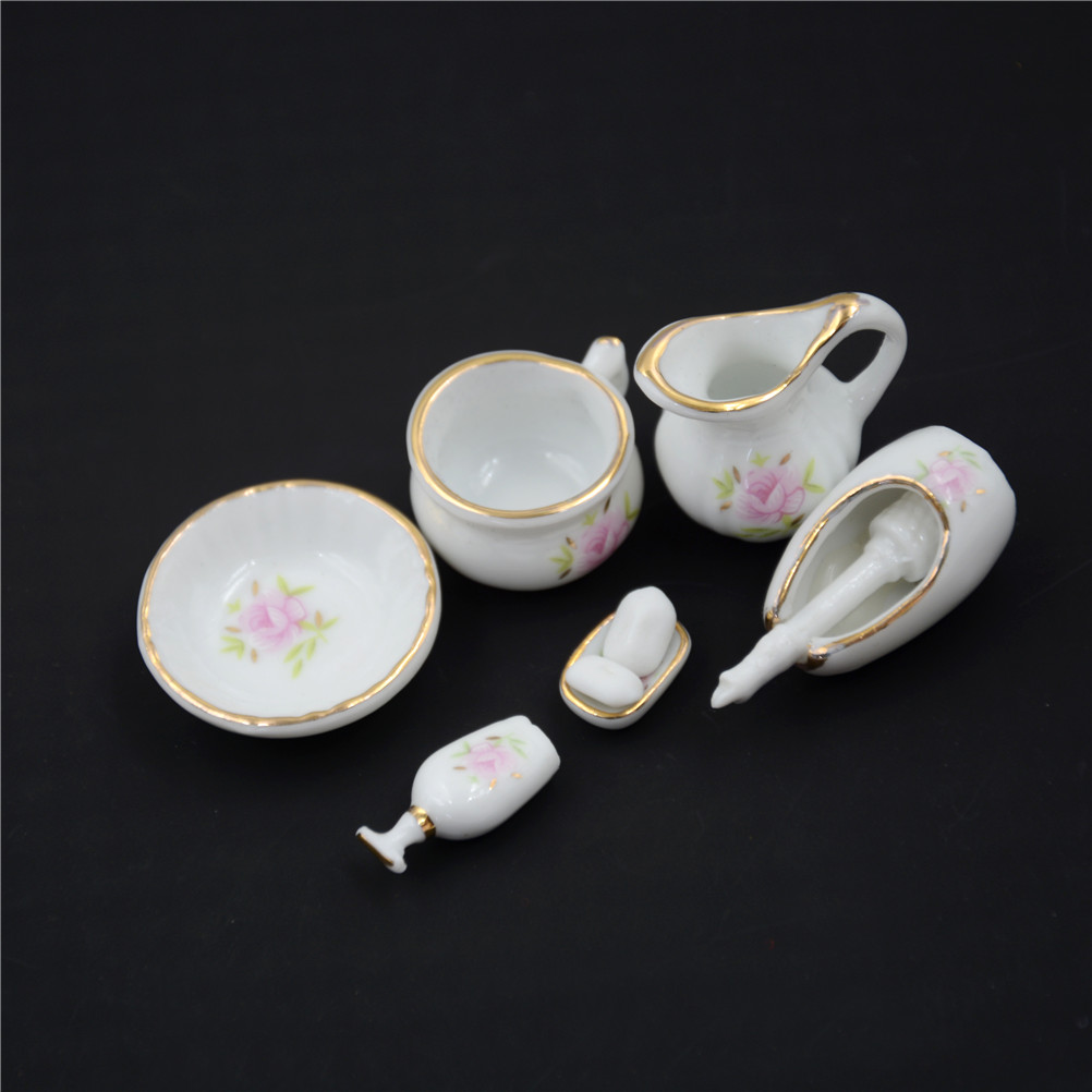 8Pcs 1/12 Miniature Floral Ceramic Pastel Rose Dollhouse Bath Decoration Dolls Gift Kit Dollhouse Furniture Bathroom Accessories