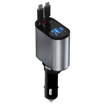 Fast 100W Retractable USB Car Charger with LED Digital Display - 4 in 1 Fast Charging