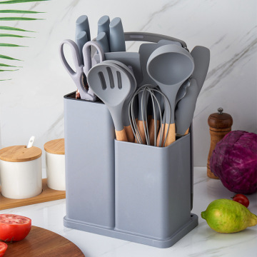 19-Piece Silicone Kitchen Utensil Set with Wooden Handles and Storage Bucket