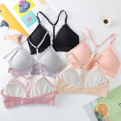 Cotton Flexible Bra French Style Triangle Cup Deep V Lace Bra for Women