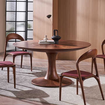 North American Black Walnut Veneer Parquet Round Table with Inlaid Turntable: A Modern Solid Wood Dining Table Facing the Sun