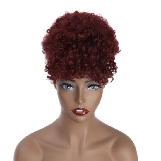 Vigorous Wholesale Cheap Kinky Curly Bang Ponytail Upo Hair Extensions Burgundy Chignon For Black Women Synthetic Afro Hair Bun