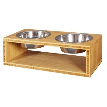 Wooden pet dog feeder with 2 metal bowls
