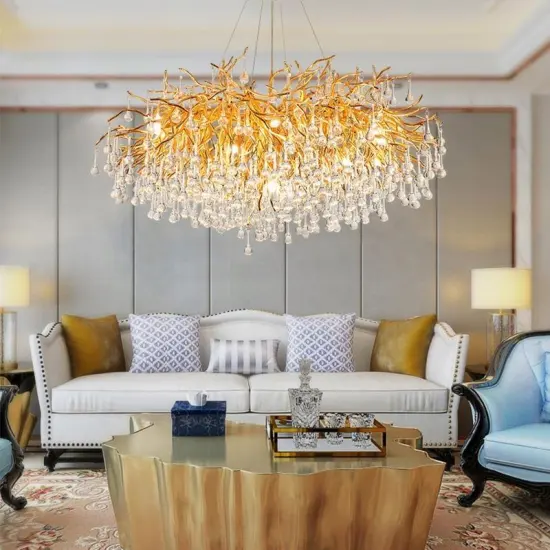 Modern Luxury Golden Tree Branch Chandelier LED Crystal Pendant Light for Living Room