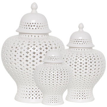 Ceramic Hollow Out Set of Three Ginger Jars with Lid - Europe White Home Decor