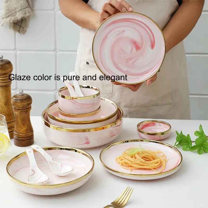 Luxury Marble Pink Glaze Ceramic Charger Plates with Gold Edge