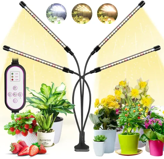 10-Head Dimmable Yellow, Red, and White LED Grow Light System with Remote, Clip, Adapter - Full Spectrum Potlight for Indoor Plants