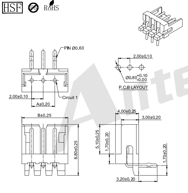 Serie de conector de obleas de 2,00 mm de tono 90 °