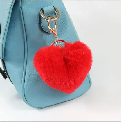 Fluffy Fur Pompom Keychain Soft Solid Color Heart Shape Pompom Faux Rabbit Fur Ball Car Handbag Key Ring Gift Accessories