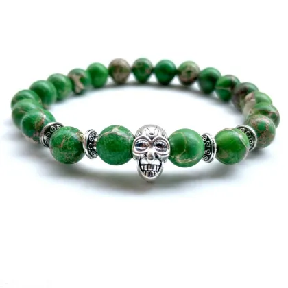 Imperial Jasper Skull Bracelet: 7 Chakra Natural Gemstone Bead Bangle Jewelry for Men and Women
