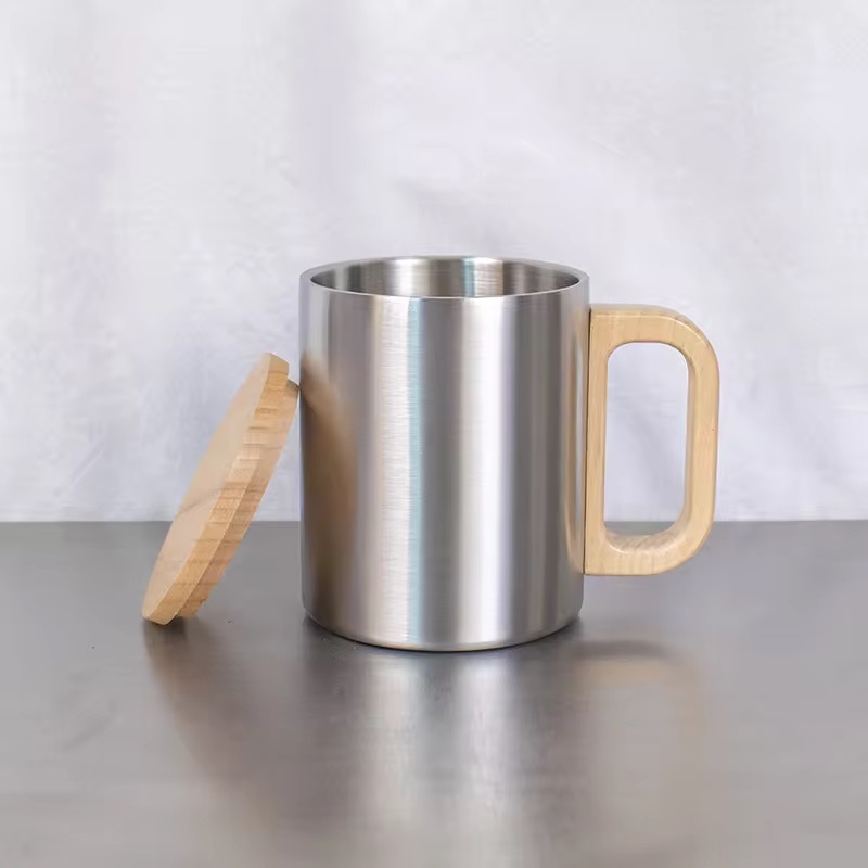 Stainless Steel Mug with Wooden Handle and Lid