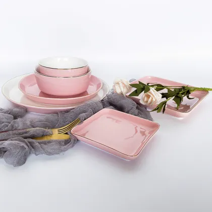 HOT products  matte pink ceramics dinnerware porcelain ceramic tableware with gold rim  Dinnerware+Sets