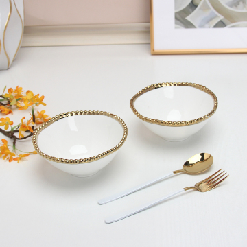European White Round Soup Bowl with Gold/Silver Beads Rim