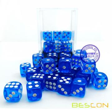 Bescon 12mm 6 Sided Dice 36 in Brick Box, 12mm Six Sided Die (36) Block of Dice, Translucent Blue with White Pips