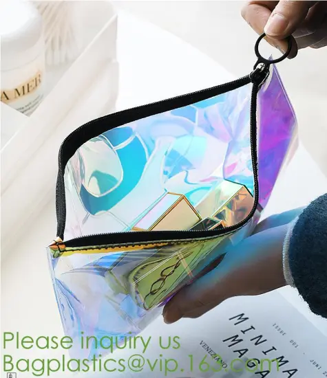 holographic cosmet vinyl bags with slider zipper,Standup Cosmetic PVC Bag With Slider, underclothes bag plastic bag ziplock with