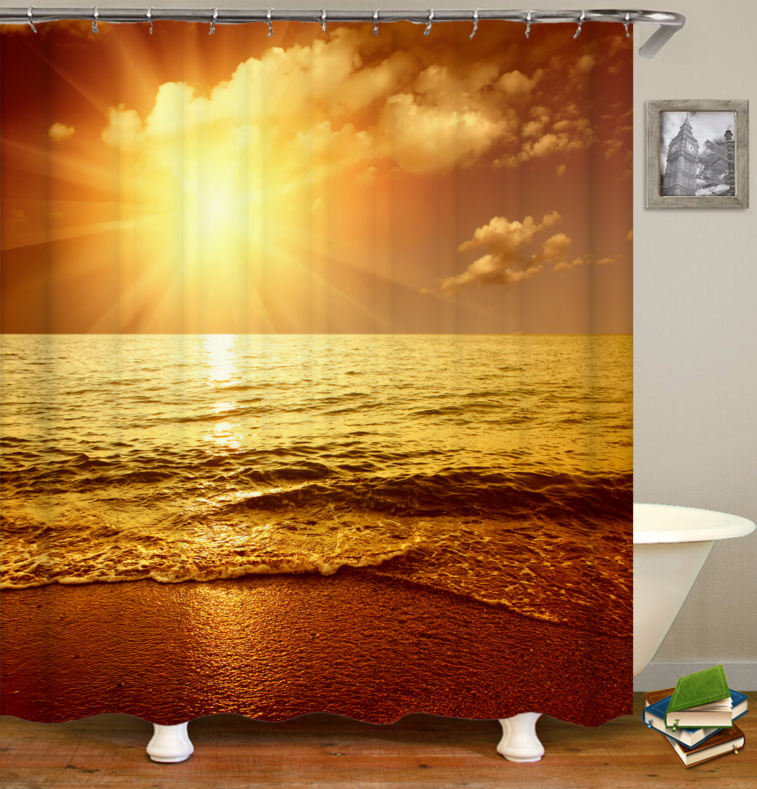 Sunlight Ocean Beach Fabric Shower Curtain Bathroom Curtains Sunset Dusk Sea Animal Dolphin Bath Screen with 12 Hooks