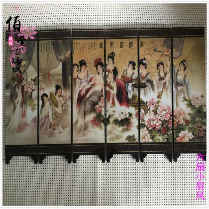 Antique folding six screen Huaqing bath imperial concubine picture Chinese style lacquer painting handicraft Ornament