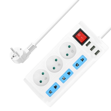 French Power Strip: 3 Outlets + 3 USB Ports with Switch - Universal Socket Extension Cable