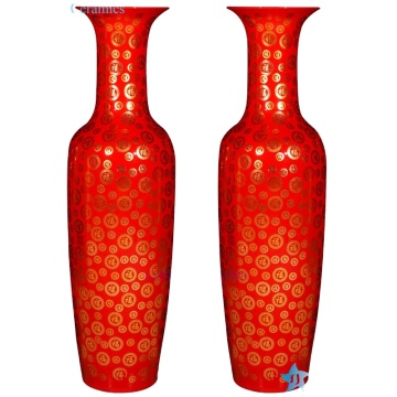 Large Red Crystal Stand Floor Vase with FU Pattern for Office and Hotel Decoration
