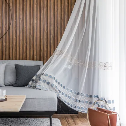 Modern White Sheer Navy Embroidered Curtains