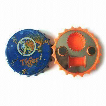 Bottle Opener Magnets/Fridge Magnets, 8cm Diameter and Logo Imprinting, Made of Metal/Plastic