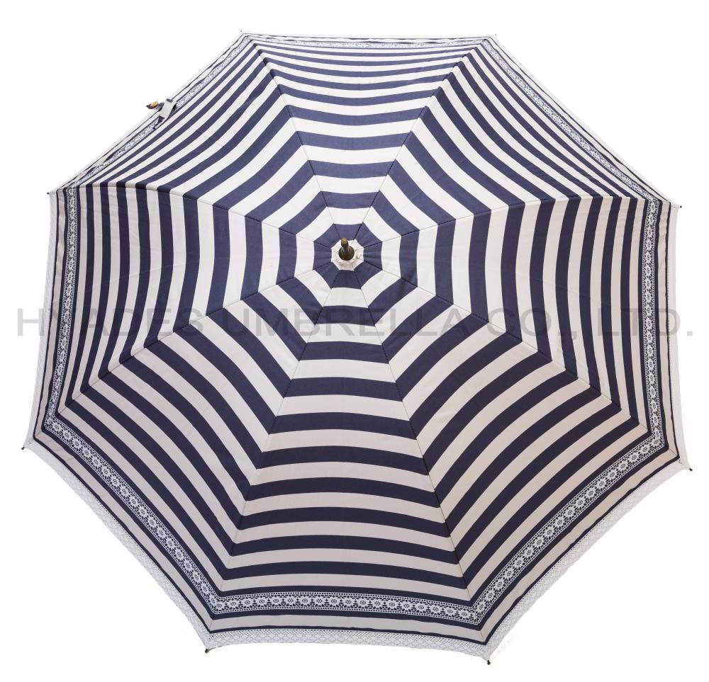 Navy Stripe Women's Straight Dome Umbrella With Lace