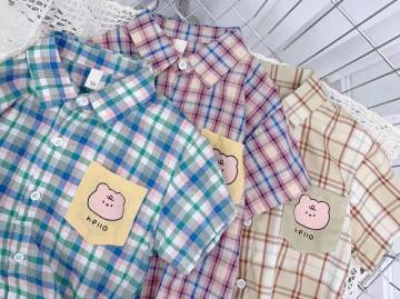 Pocket Little Bear Cartoon Baby Boy Checked Shirt