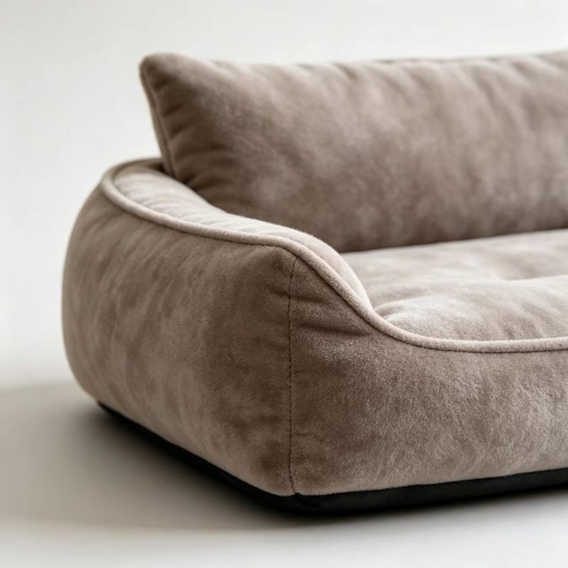 Square Bolster Dog Bed, Minimalist European Style Pet Sofa Bed, Soft Short Velvet Upholstered Pet Couch Bed with Raised Rim, Non